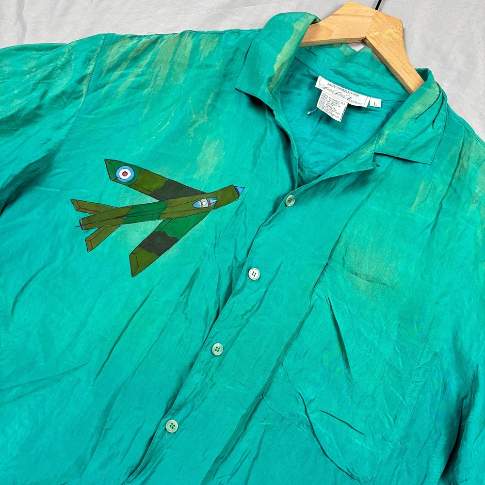 VTG Camp Collar Silk Shirt Saks Fifth Avenue Large Green Jet Graphic